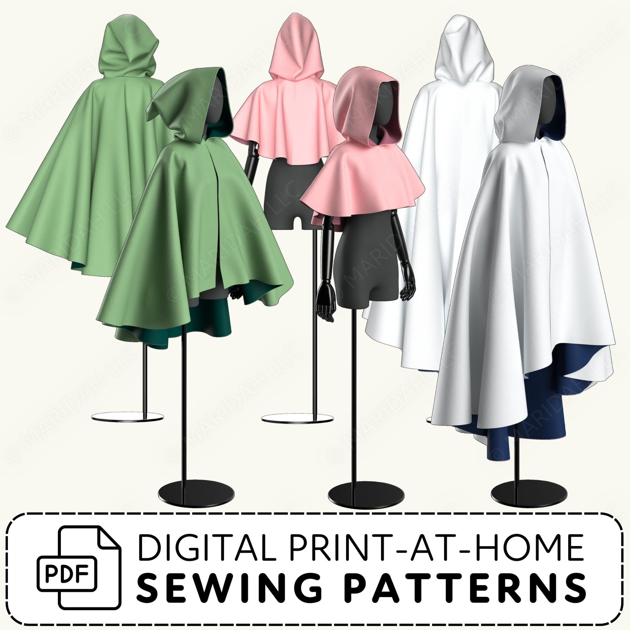 Mannequins wearing hooded cloaks in various colors with digital print-at-home sewing patterns text.