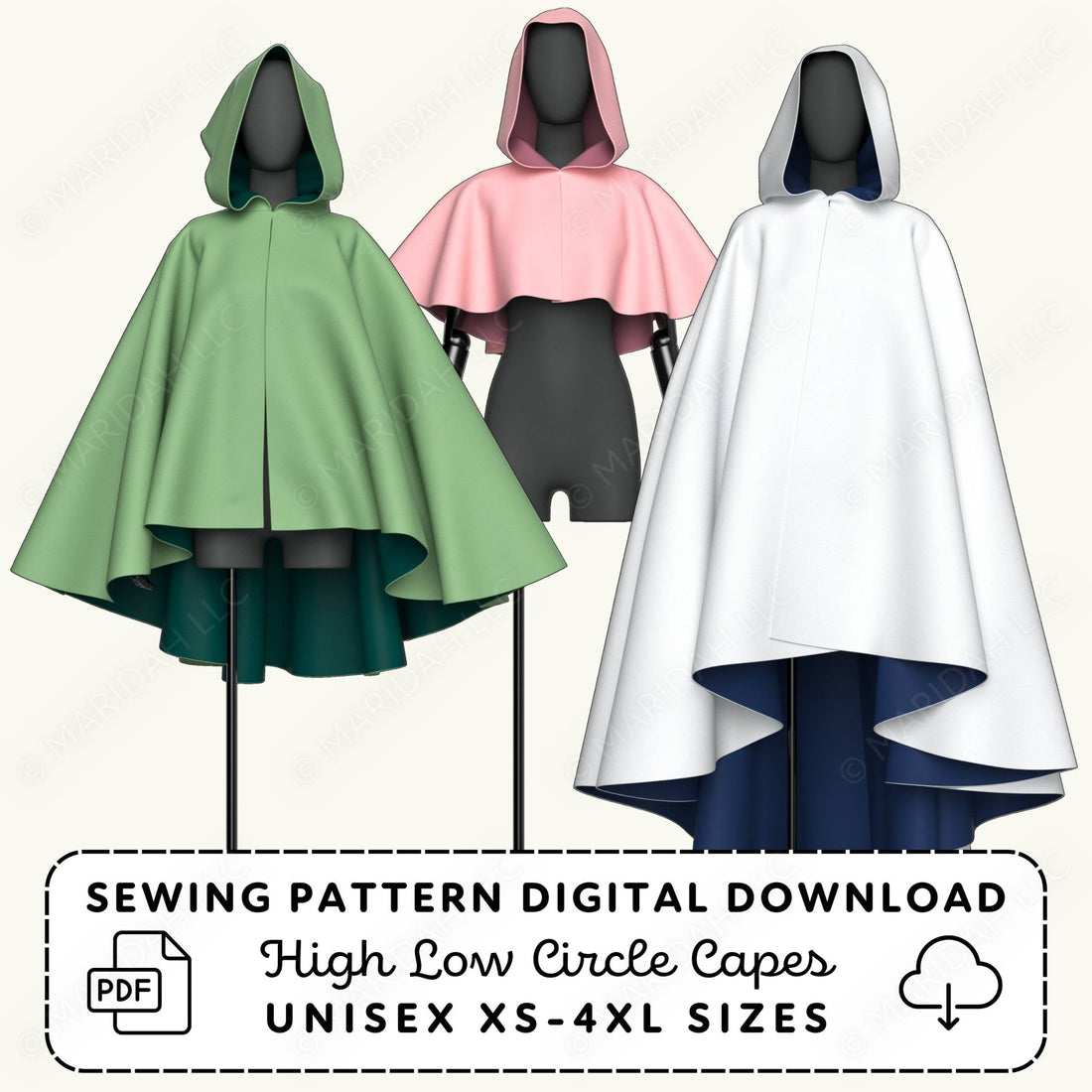 Three hooded capes in green, pink, and white on mannequins with a sewing pattern digital download text.