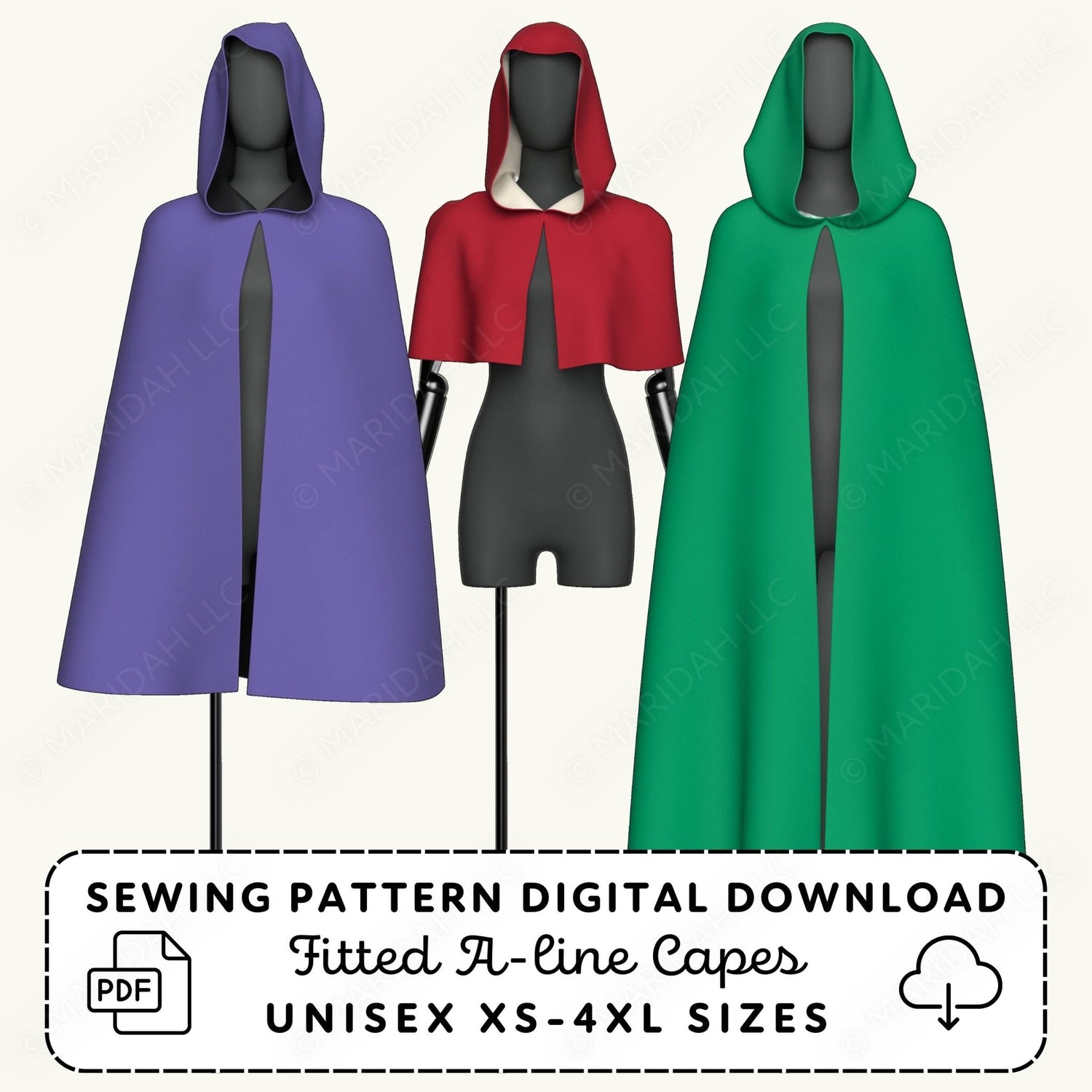 Three hooded capes in purple, red, and green on mannequins with sewing pattern digital download text.