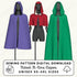 Three hooded capes in purple, red, and green on mannequins with sewing pattern digital download text.