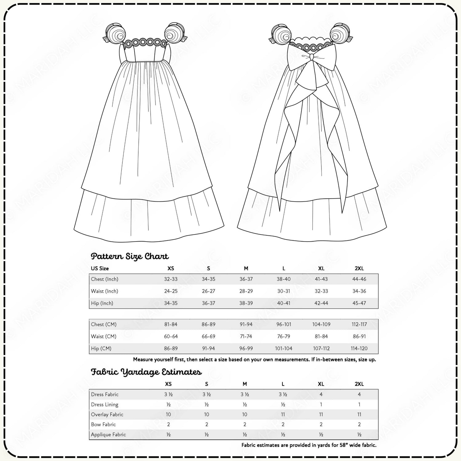 Pattern size chart for a dress with fabric yardage estimates on a white background