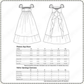 Pattern size chart for a dress with fabric yardage estimates on a white background