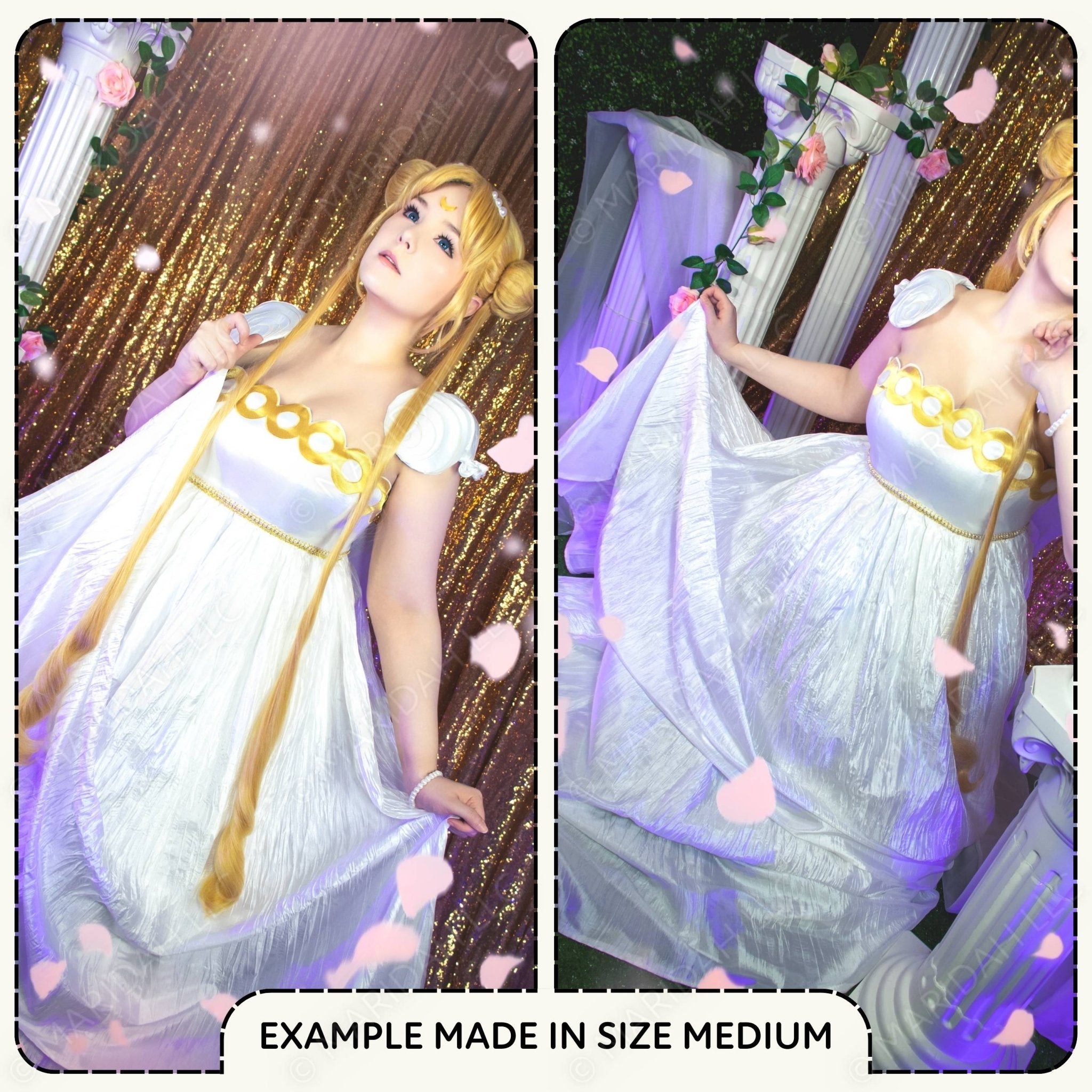 Cosplay outfit with white and gold dress against a decorative background