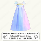 Sewing pattern digital download for a celestial princess dress with a pastel gradient on a white background.