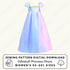 Sewing pattern digital download for a celestial princess dress with a pastel gradient on a white background.