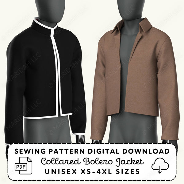 Two mannequins wearing collared bolero jackets in black and brown with sewing pattern digital download text.