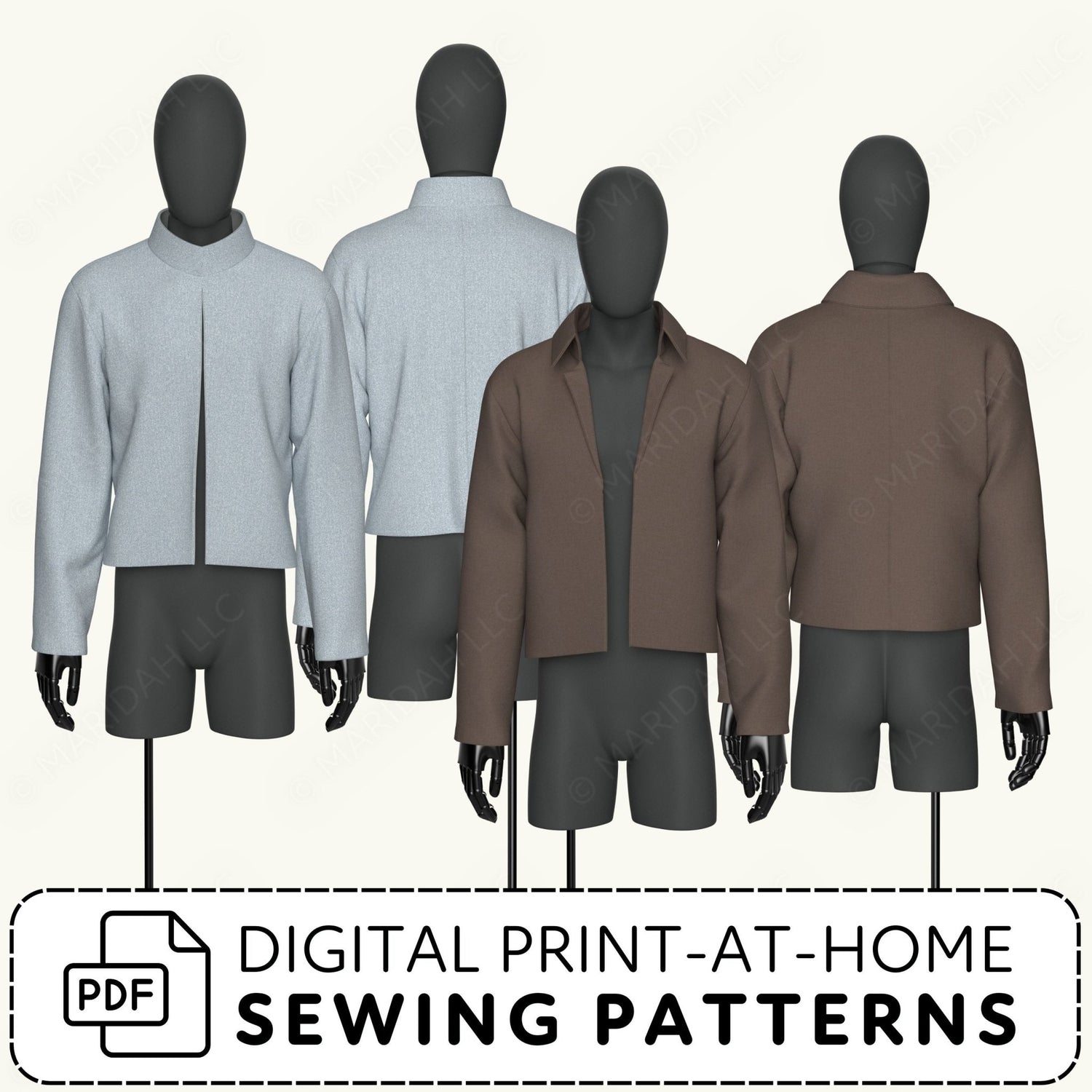 four mannequins wearing different colored jackets, including a gray jacket, a white jacket, a brown jacket, and a brown jacket.