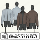 four mannequins wearing different colored jackets, including a gray jacket, a white jacket, a brown jacket, and a brown jacket.
