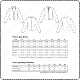 a pattern size chart and fabric yardage estimates for various sizes of jackets and jackets with different waist, hip, and chest measurements. The chart provides size information for US, XS, S, L, and XL sizes, along with corresponding measurements for each size. The fabric yardage estimate includes the jacket fabric and jacket lining sizes, as well as the finishing pieces. The image is a collage of multiple images, and the descriptions provided are in yards for 58-wide fabric.