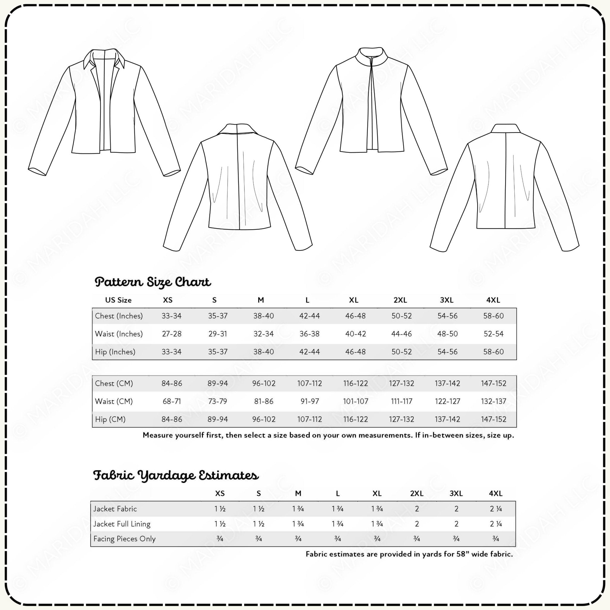 a pattern size chart and fabric yardage estimates for various sizes of jackets and jackets with different waist, hip, and chest measurements. The chart provides size information for US, XS, S, L, and XL sizes, along with corresponding measurements for each size. The fabric yardage estimate includes the jacket fabric and jacket lining sizes, as well as the finishing pieces. The image is a collage of multiple images, and the descriptions provided are in yards for 58-wide fabric.