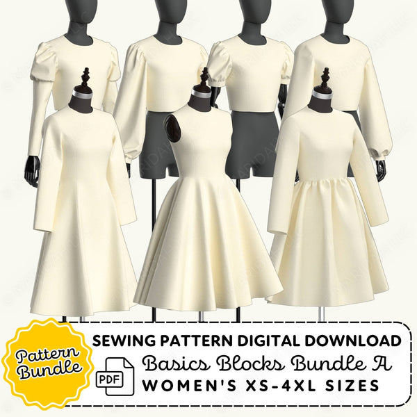 Mannequins wearing white dresses with sewing pattern digital download text.