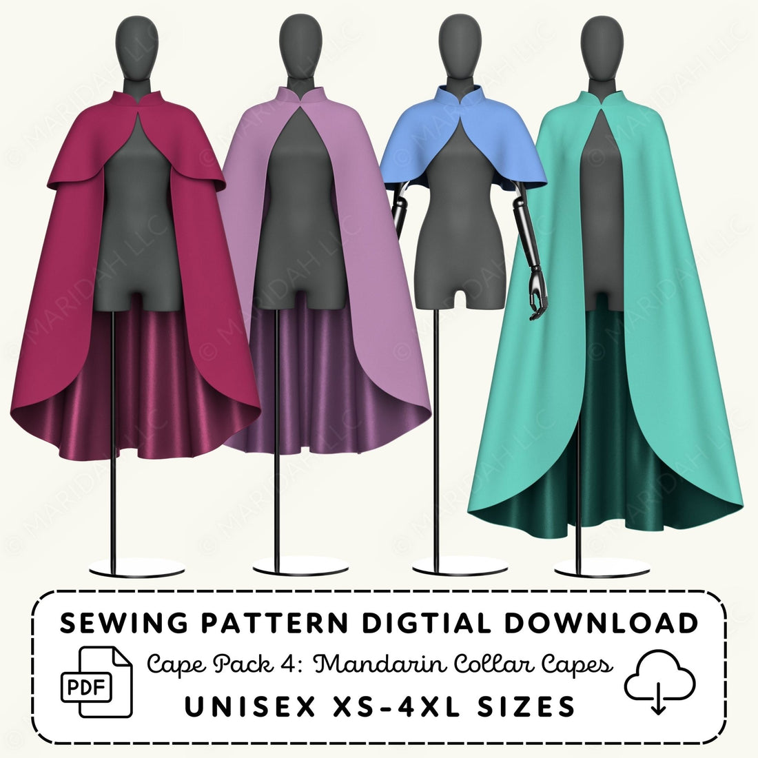 four mannequins wearing different colored cape-like garments, including a pink cape, a purple cape, a blue cape, and a green cape.