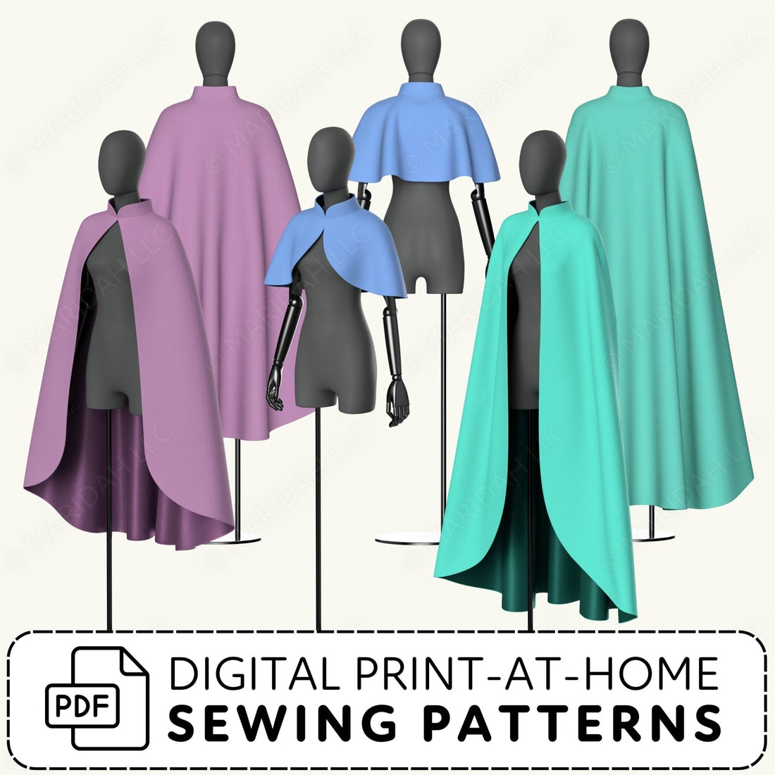 a collection of colorful, flowing robes or shawls displayed on mannequins, along with a &quot;Digital Print-at-Home Sewing Patterns&quot; label.