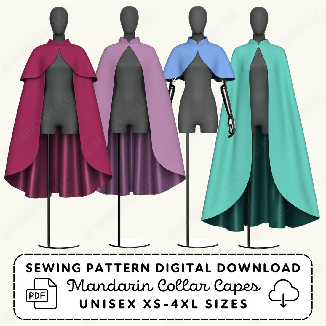 Four mannequins wearing colorful capes with a sewing pattern digital download label.