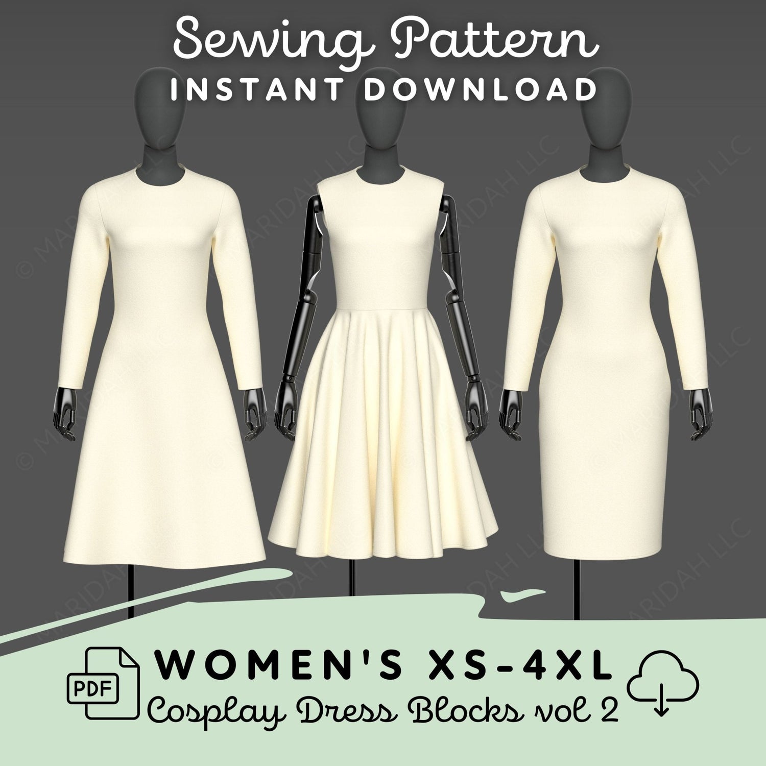 three mannequins in white dresses with black accents