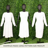 three mannequins wearing white dresses in front of a green wall