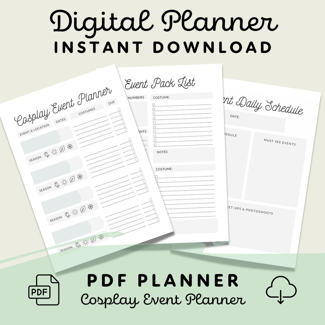 Promotional image for a digital planner instant download, featuring three printable planner pages for cosplay event planning, with the text &