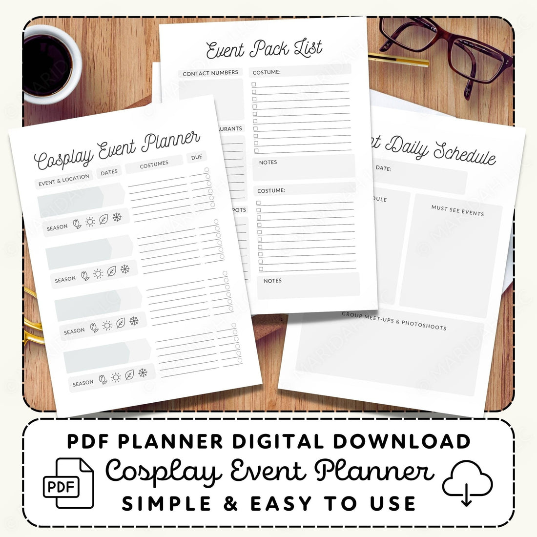 Cosplay event planner sheets on a wooden surface with a cup of coffee and glasses.