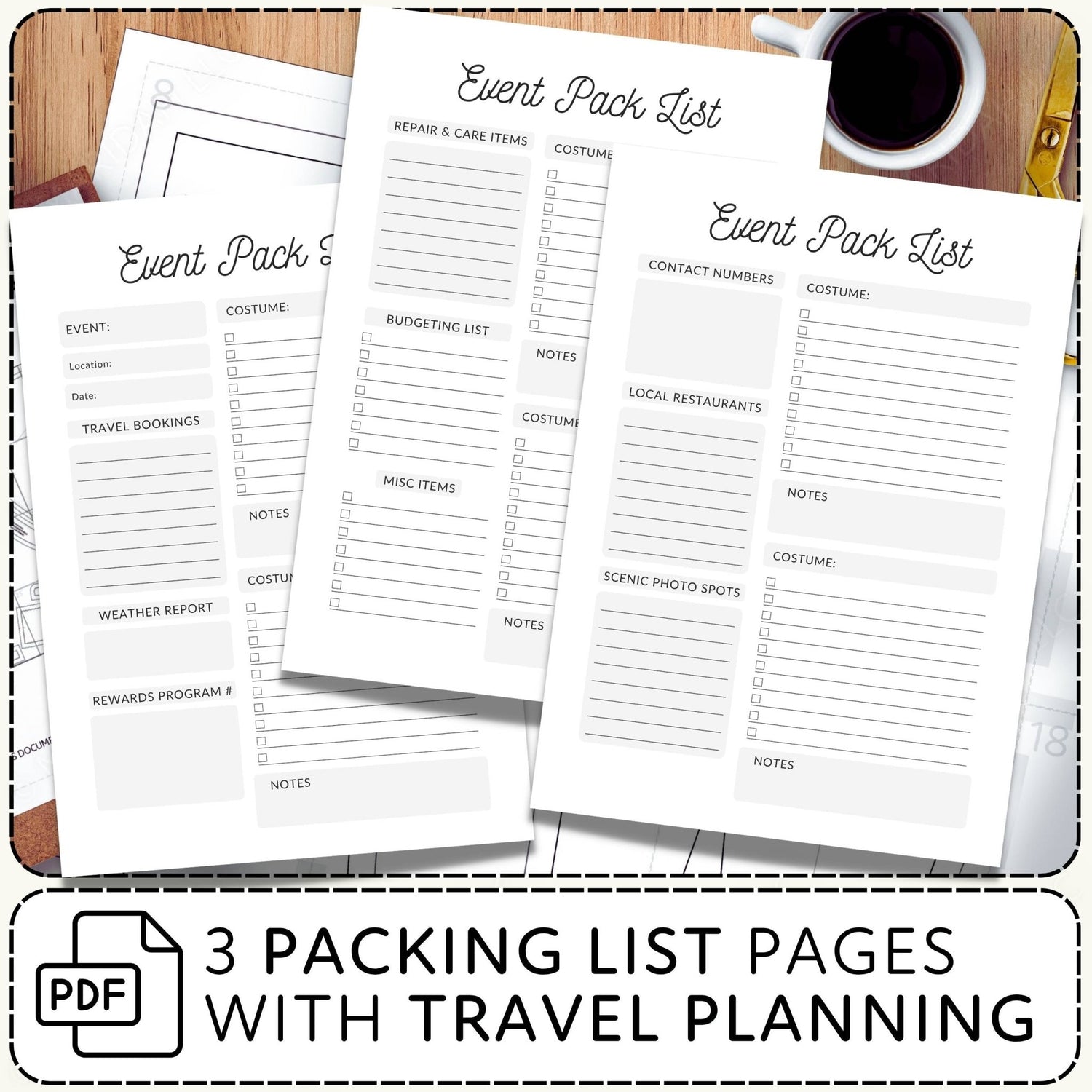 Packing list pages with travel planning on a wooden surface with a cup of coffee.