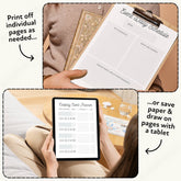 Collage showing a person using a tablet with an event planner app and holding a printed event schedule.