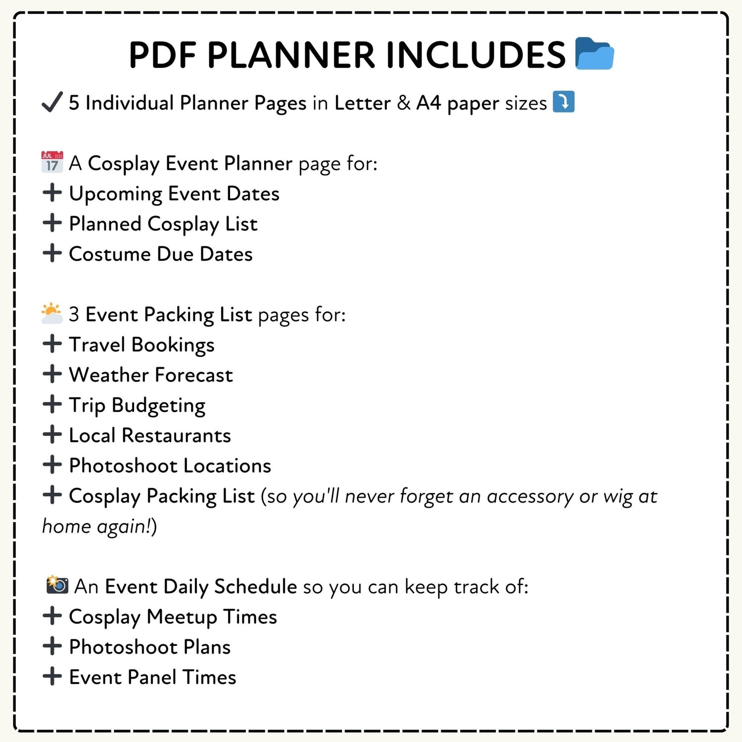 PDF planner with features listed on a white background