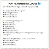 PDF planner with features listed on a white background