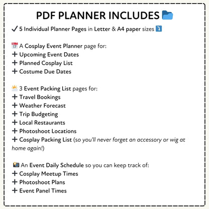 PDF planner with features listed on a white background
