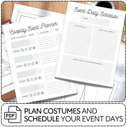 Cosplay event planner and daily schedule sheets on a wooden surface.