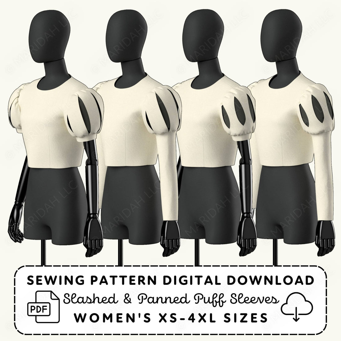 Four black mannequins wearing cream tops with slashed and panned puff sleeves, labeled for sewing pattern digital download.