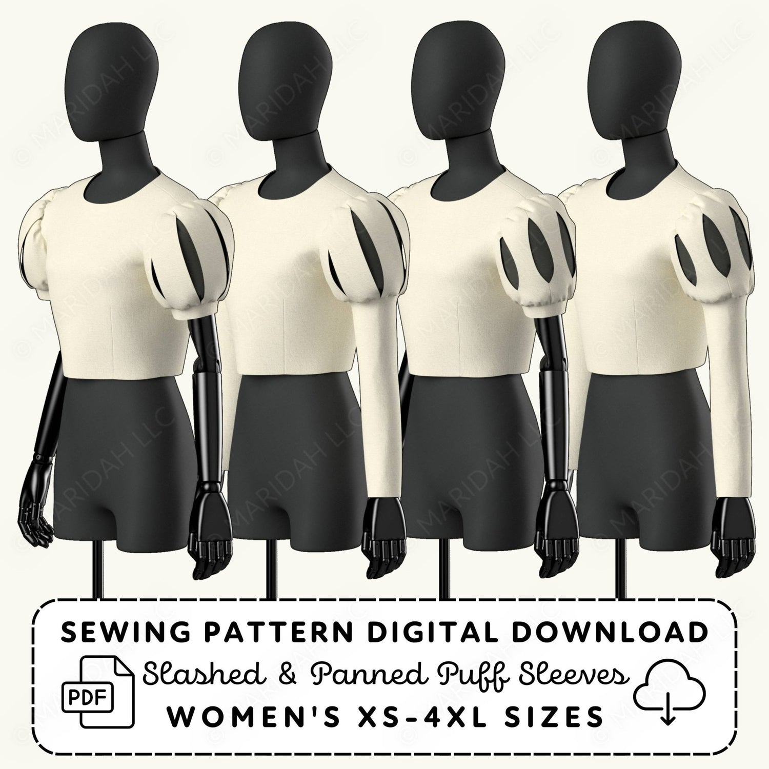 Four black mannequins wearing cream tops with slashed and panned puff sleeves, labeled for sewing pattern digital download.