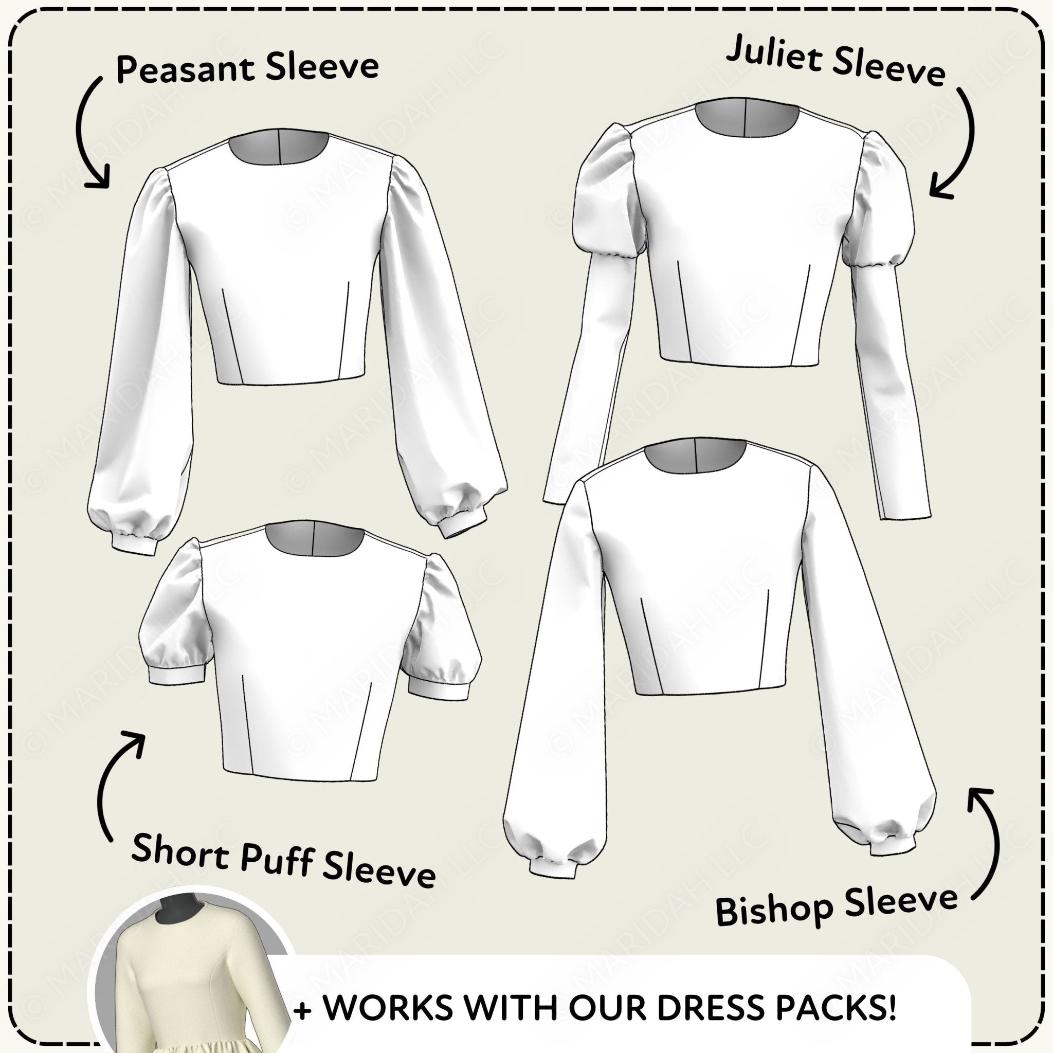 Illustrations of different sleeve styles for clothing design on a beige background.
