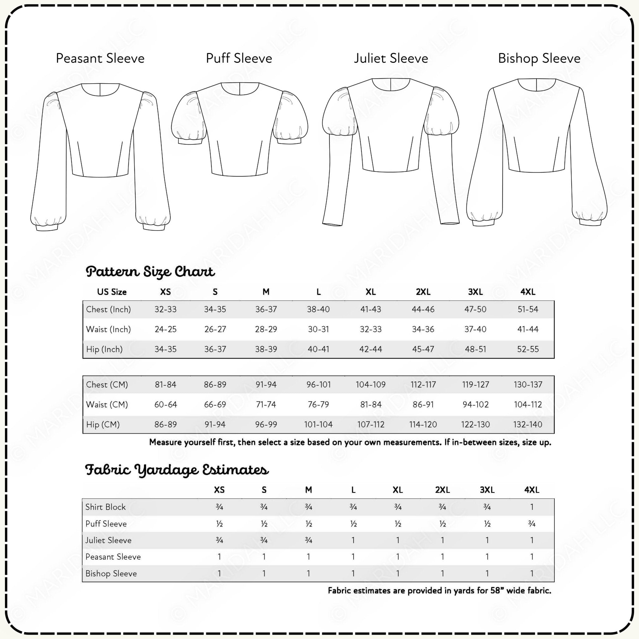 Fabric sleeve pattern chart with size chart and yardage estimates on a white background