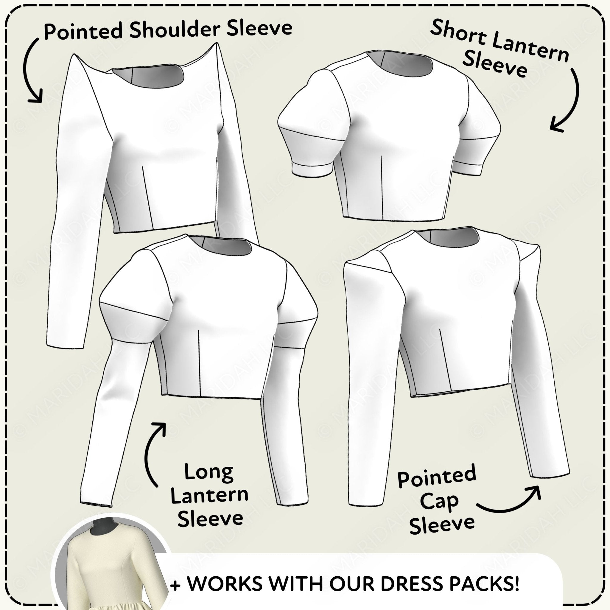 Illustrations of different sleeve styles for a dress with labels on a beige background.