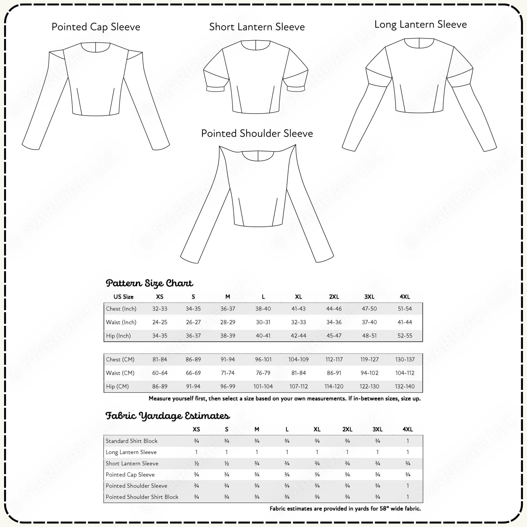 Pattern size chart for clothing with sleeve and shoulder variations