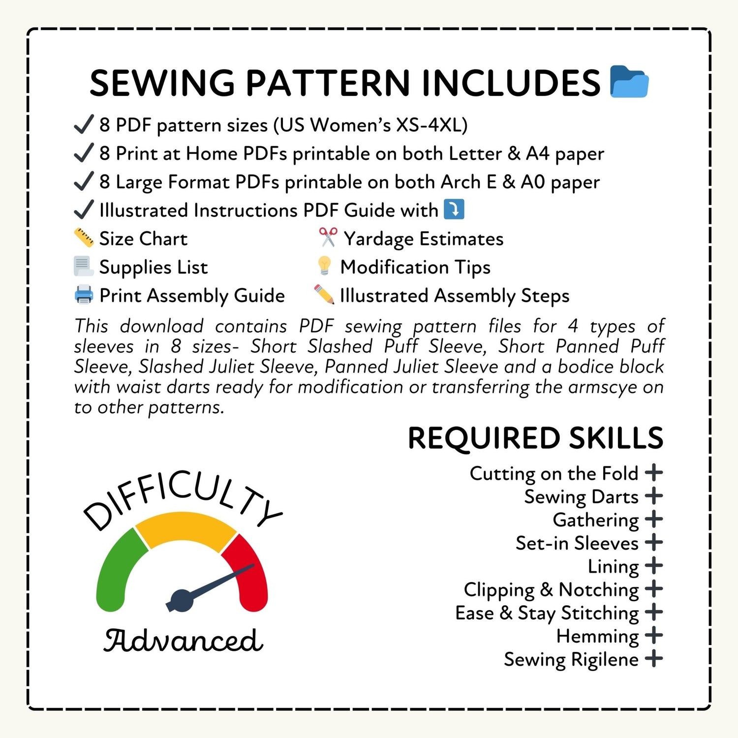 a sewing pattern that includes 8 PDF pattern sizes, 8 Print at Home PDFs, 8 Large Format PDFs, an Illustrated Instructions Guide, a Size Chart, a Supplies List, and a Print Assembly Guide.
