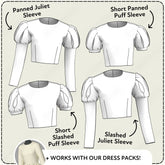The image is a fashion illustration showing different styles of puffed sleeves, including a panned Juliet sleeve, short puffed sleeve, short puffed puff sleeve, and a sliced puffed sleeve.