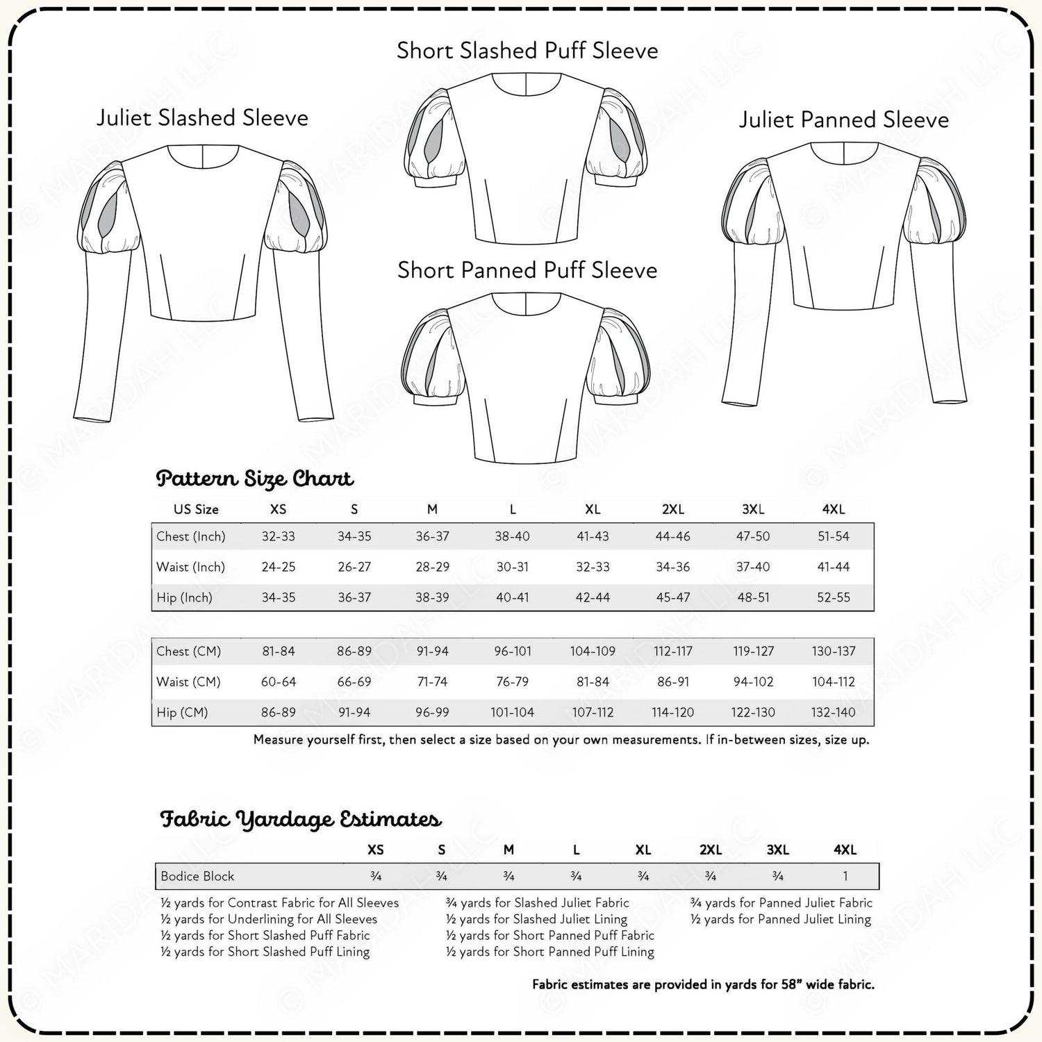 a detailed size chart and fabric yardage estimate for a short puffed sleeve design, including a short panned puffed sleeve pattern and a short puffed puffed sleeve pattern.