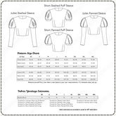 a detailed size chart and fabric yardage estimate for a short puffed sleeve design, including a short panned puffed sleeve pattern and a short puffed puffed sleeve pattern.