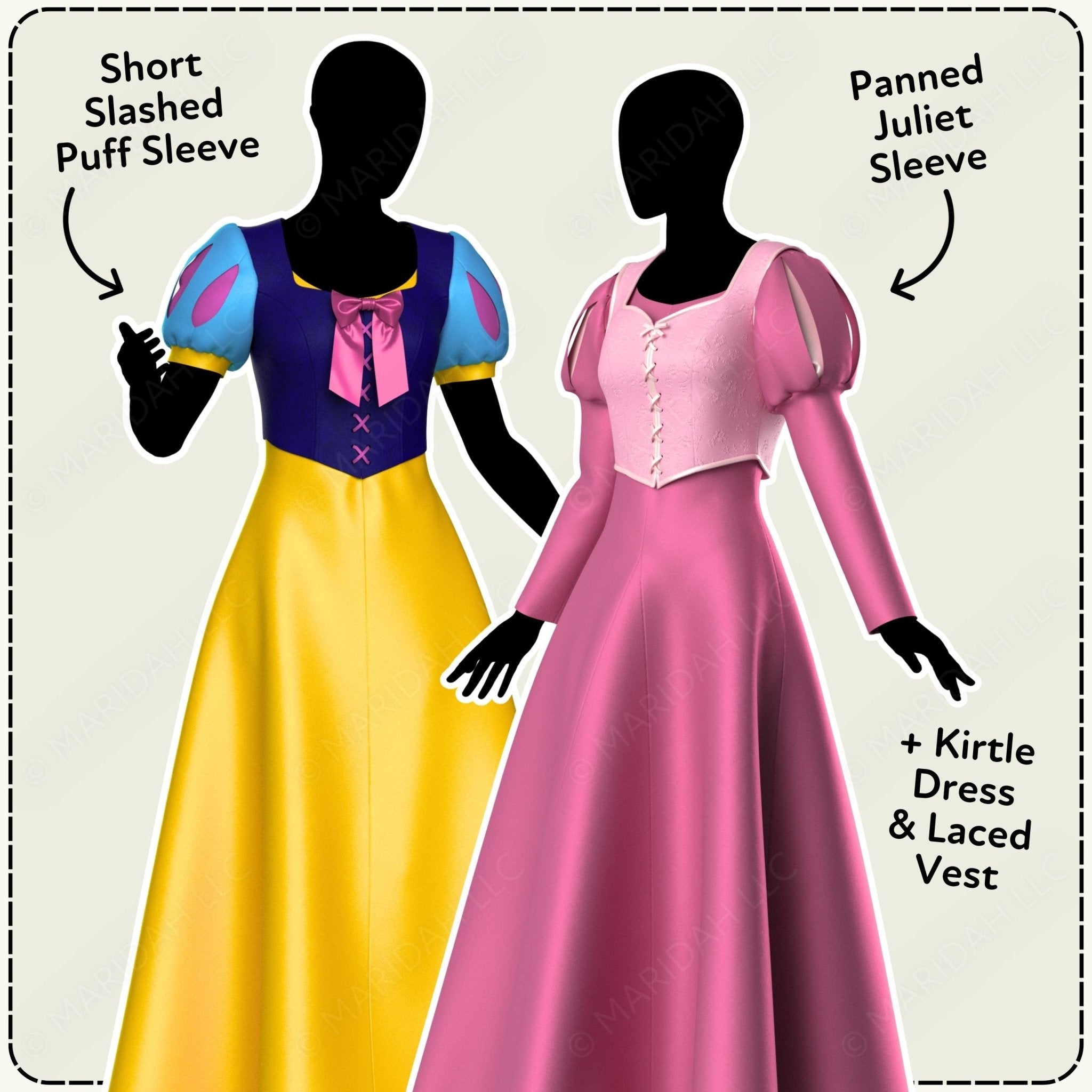 Mannequins wearing a pink dress with a light pink bodice and a long yellow dress with a blue bodice