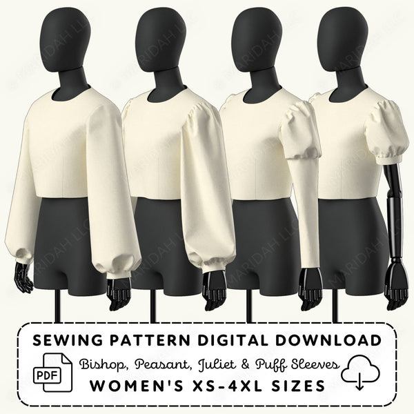 Four mannequins wearing different sleeve styles on a white background with sewing pattern digital download text.