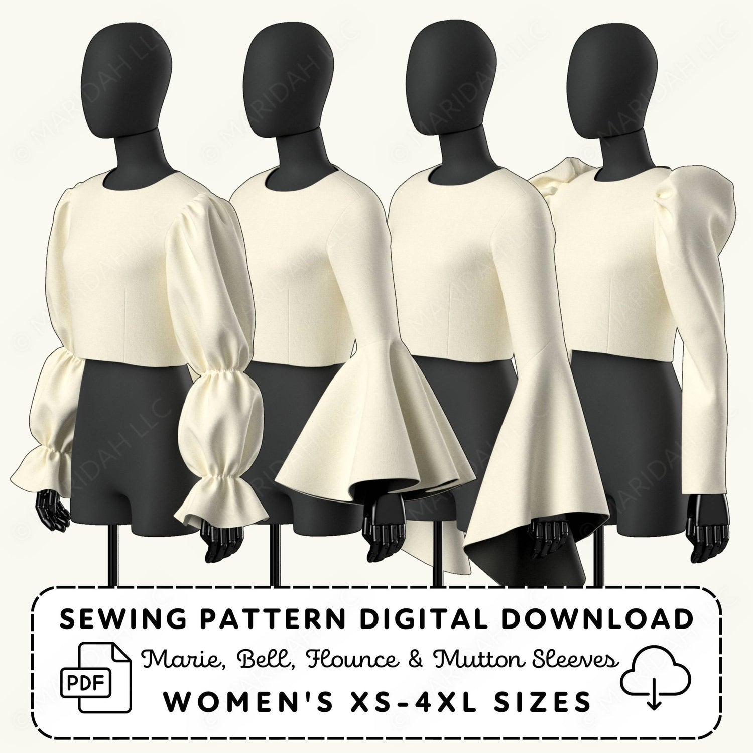 Mannequins wearing white tops with different sleeves on a white background, advertising sewing pattern digital download.