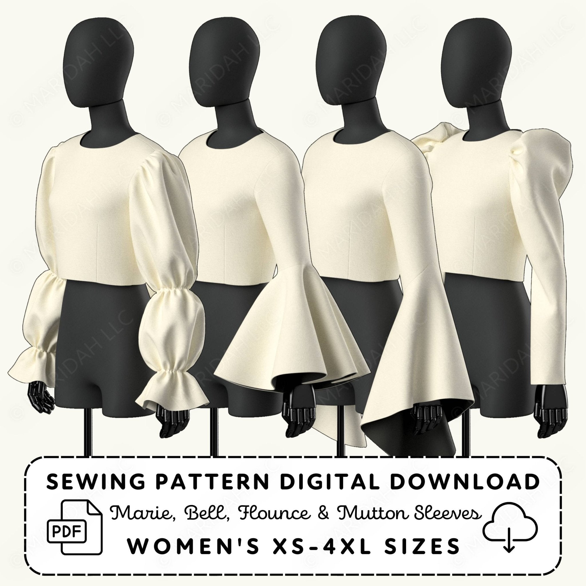 Mannequins wearing white tops with different sleeves on a white background, advertising sewing pattern digital download.