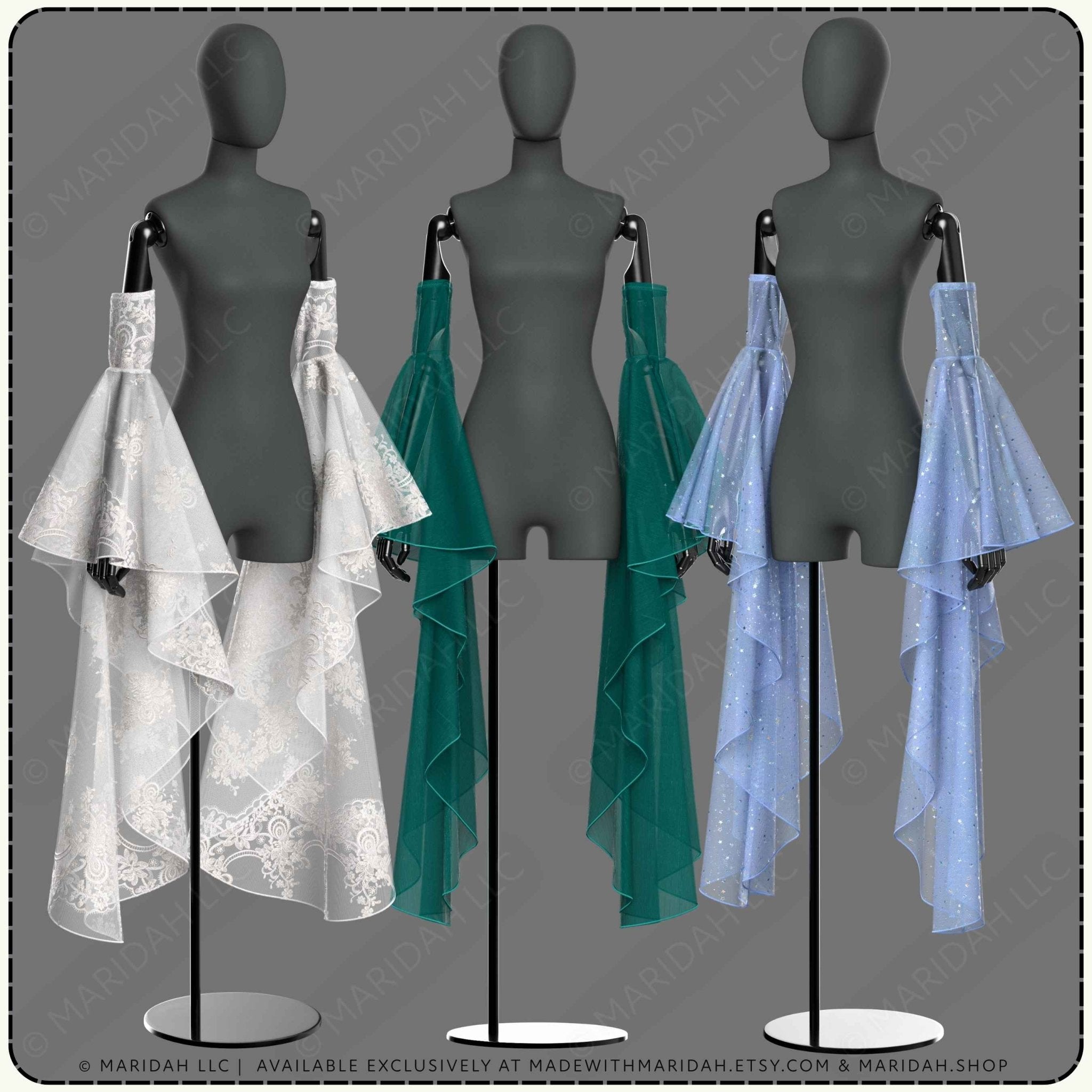 Three mannequins wearing different colored lace sleeves on gray backgrounds.