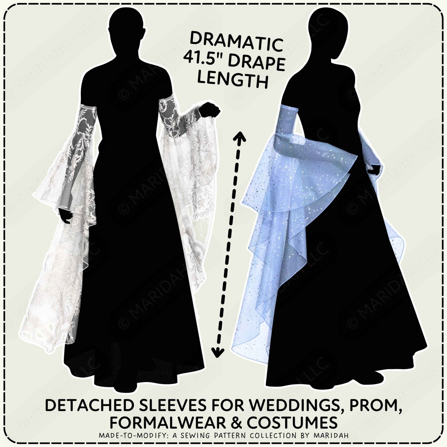 Promotional graphic showing two black dress silhouettes with detached long sleeves on a light background. The left side shows a white sheer lace sleeve attached to a black dress with text reading &