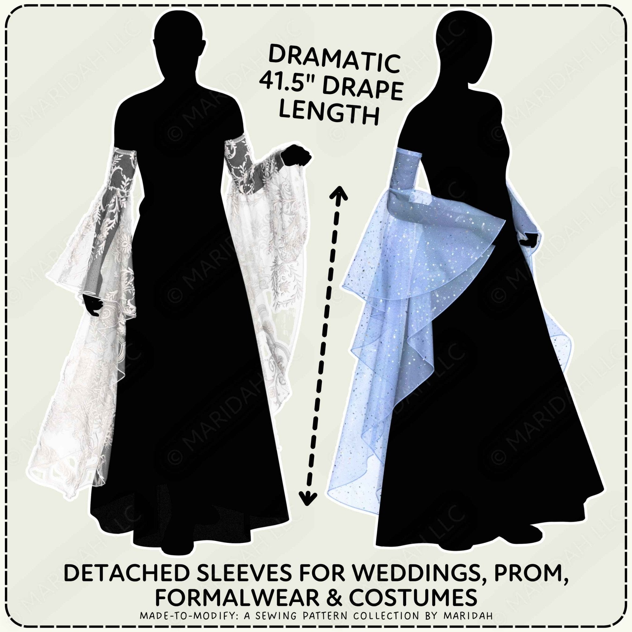Promotional graphic showing two black dress silhouettes with detached long sleeves on a light background. The left side shows a white sheer lace sleeve attached to a black dress with text reading &