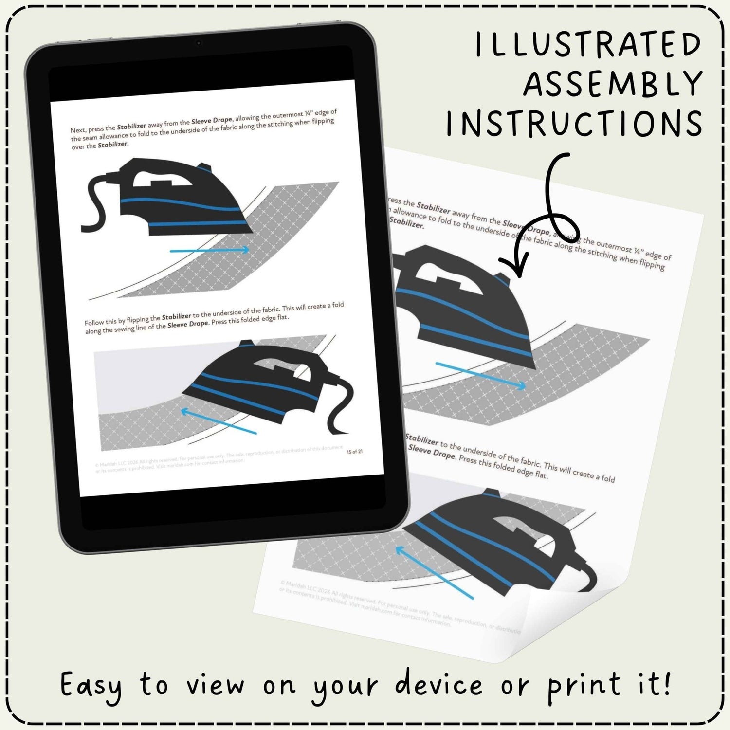 An instruction sheet displayed on a tablet screen and as a printed copy, with text reading &