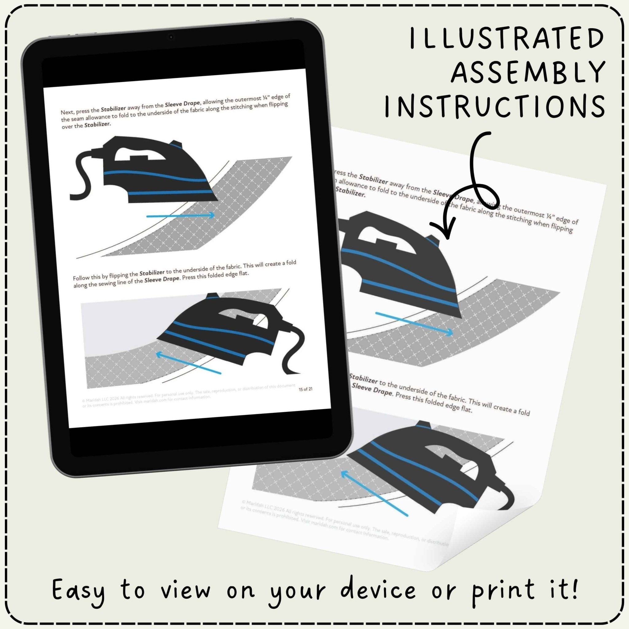 An instruction sheet displayed on a tablet screen and as a printed copy, with text reading &