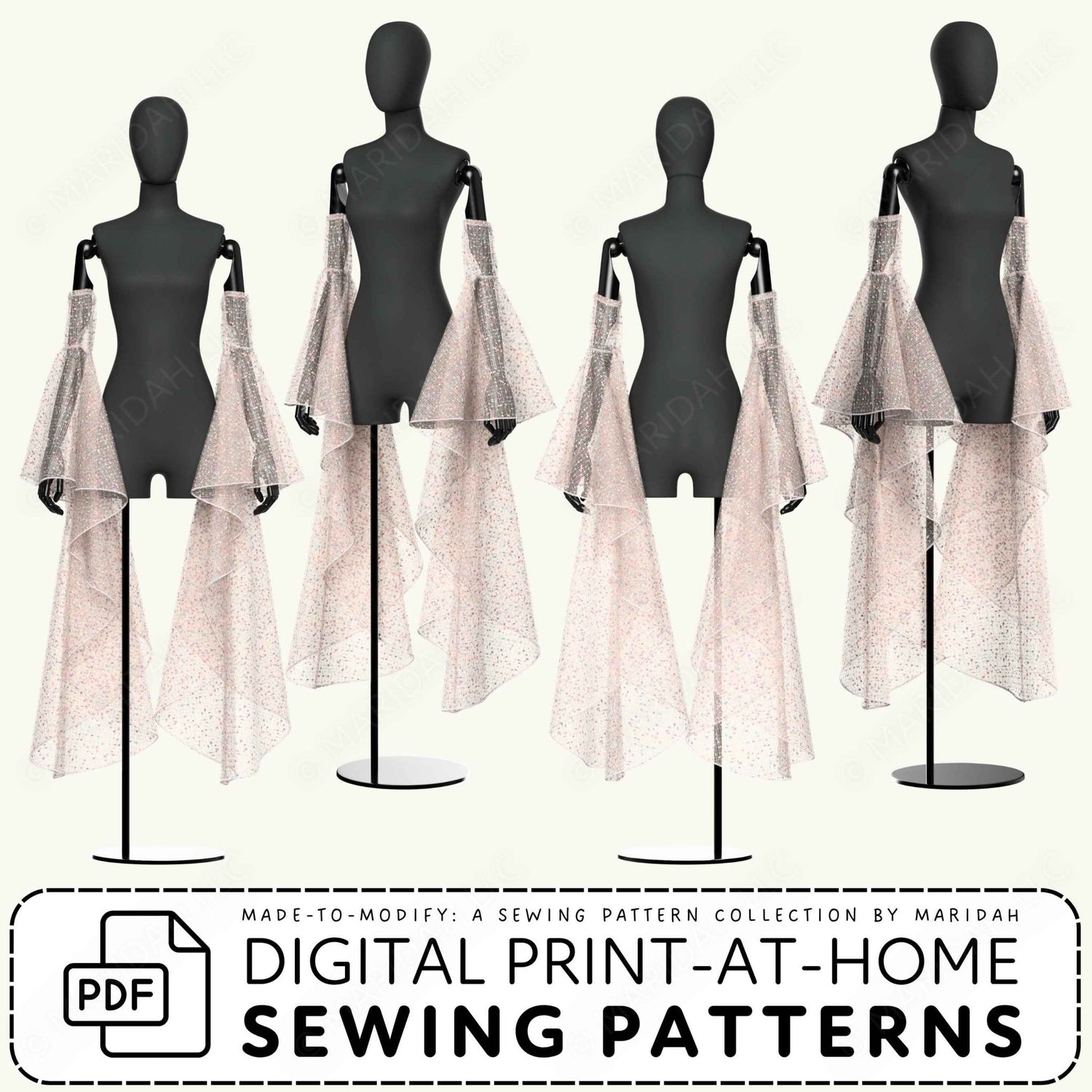 Four black dress forms display a matching sewing pattern set featuring a light pink floral print, with a short draped overlay and a longer matching skirt. A banner at the bottom reads &