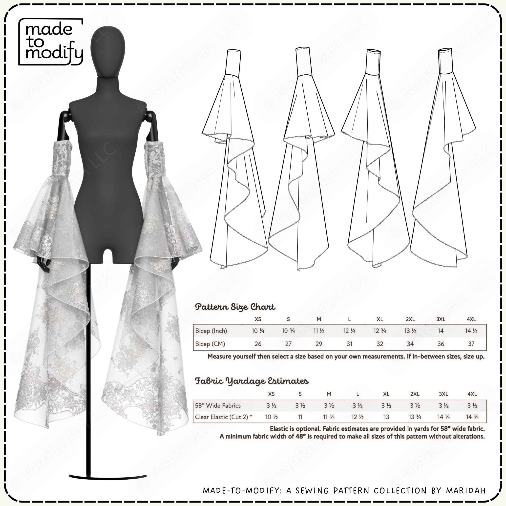 Sewing pattern sheet for a detached drape sleeve, shown on a black mannequin with line drawings of the garment silhouette, size chart, and fabric yardage table. The &