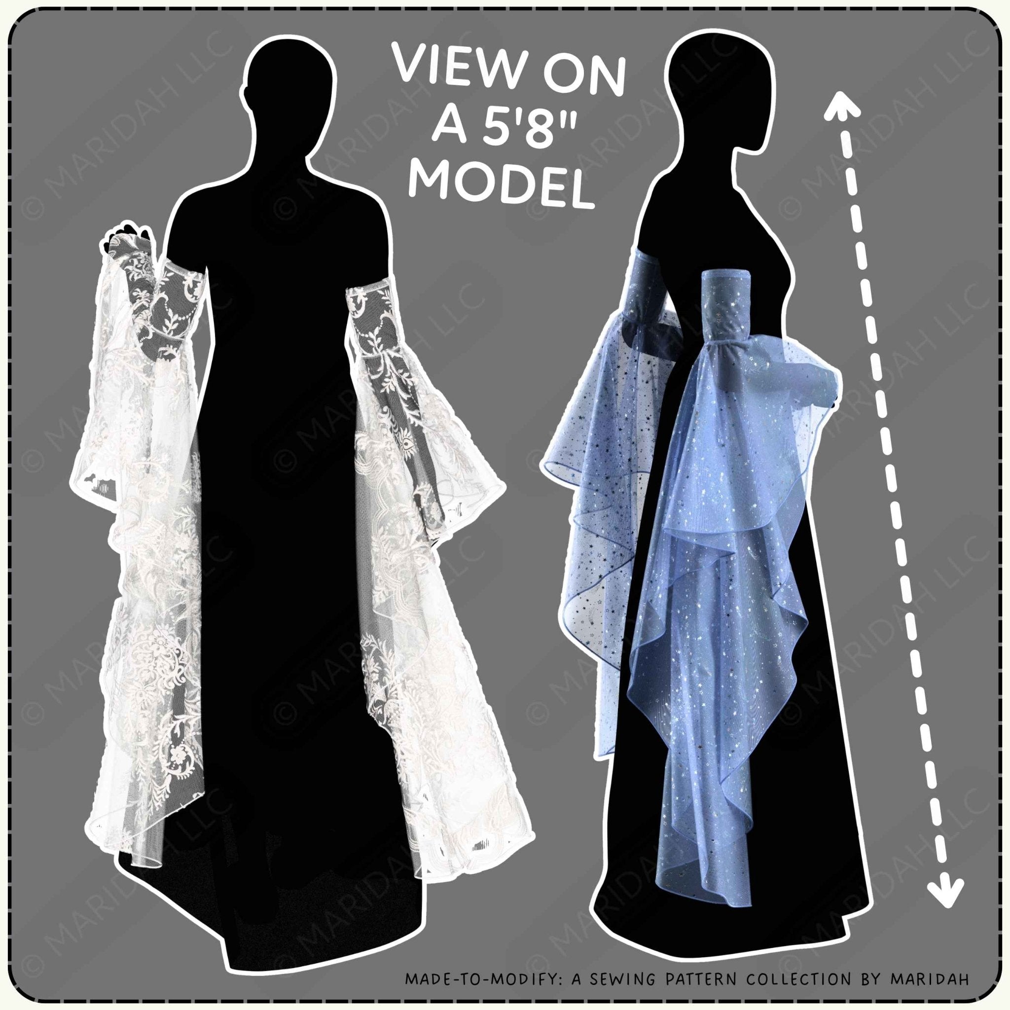 A sewing pattern preview showing a black dress form with two draped overlay fabrics: one white lace overlay and one light blue sheer overlay, with text reading &